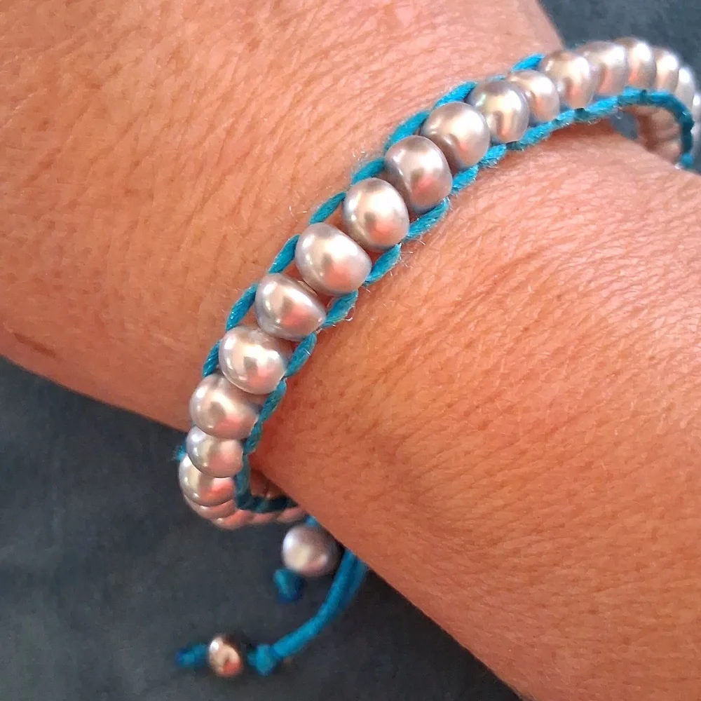 Silver Fresh Water Pearl Bead Bracelet with Turquoise Cord.